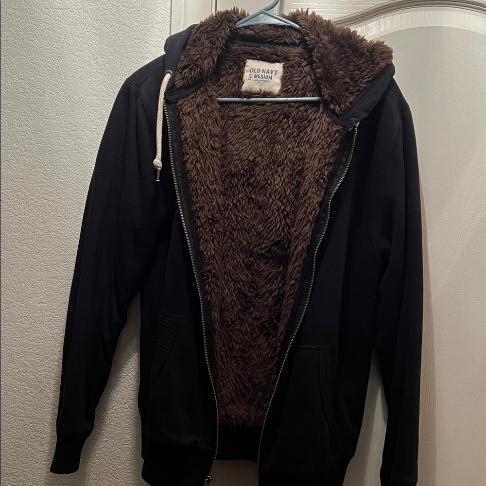 Old Navy Men's Zip-Up Sweater in Black with Brown Fleece